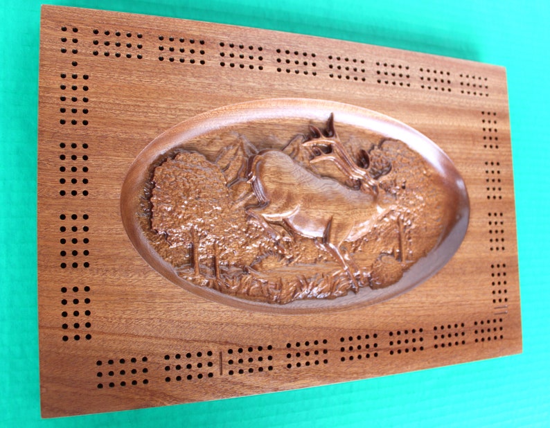 Rectangular Carved Elk Cribbage Board image 1