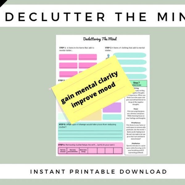 Decluttering The Mind Worksheet: Mental Health and Wellness Digital Printable Worksheet That Supports With Reducing Clutter By Taking Action