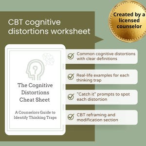 May include: A cognitive behavioral therapy (CBT) worksheet titled "The Cognitive Distortions Cheat Sheet." The worksheet includes clear definitions, real-life examples, prompts to spot distortions, and a CBT reframing section. Created by a licensed counselor.