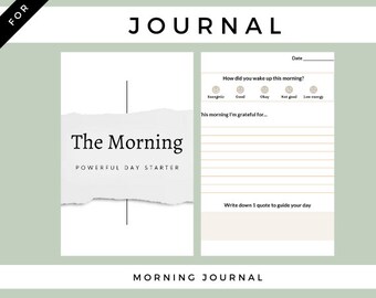 以下が含まれることがあります： 「The Morning: Powerful Day Starter」というタイトルの印刷可能な朝のジャーナルページ。ページには、目覚めの状態、感謝していること、そして一日を導くための引用句についてジャーナルをつけるためのプロンプトが含まれています。