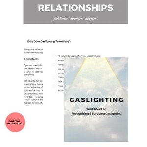 May include: A digital download for a workbook titled "Gaslighting: Workbook for Recognizing & Surviving Gaslighting". The cover features a light blue sky with a bright yellow triangle shape.