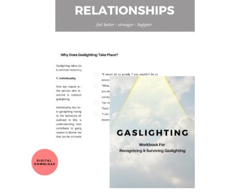 May include: A digital download for a workbook titled "Gaslighting: Workbook for Recognizing & Surviving Gaslighting". The cover features a light blue sky with a bright yellow triangle shape.