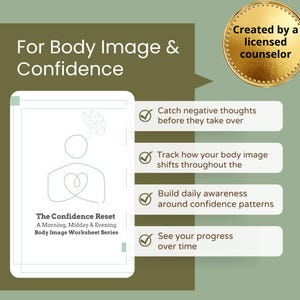 Op de afbeelding: Een afbeelding die de werkbladserie "The Confidence Reset" promoot voor lichaamsbeeld en zelfvertrouwen. Het ontwerp bevat tekst, een lijntekening van een persoon en opsommingstekens die de voordelen schetsen, waaronder het volgen van lichaamsbeeldverschuivingen.