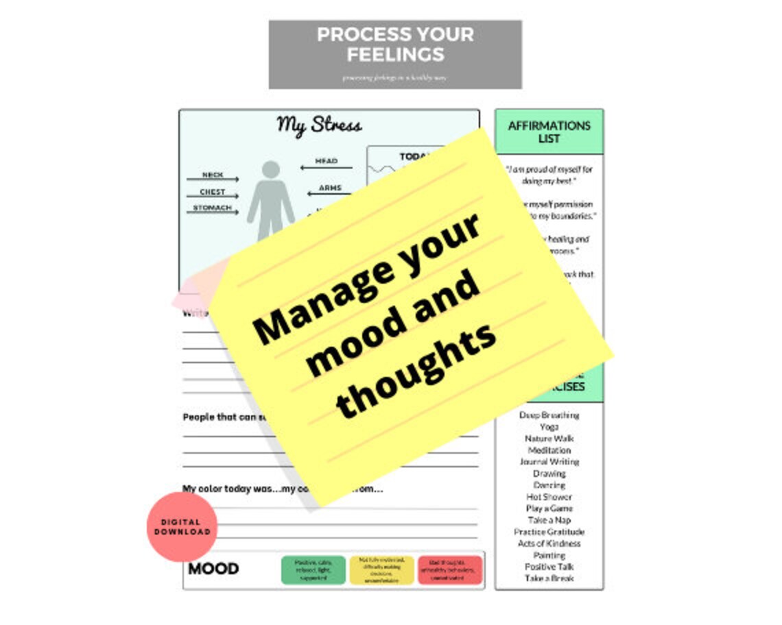 Processing Feelings Printable Download Therapy Selfhelp Worksheet for