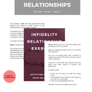 Puede incluir: Un gr&aacute;fico de descarga digital rosa y blanco con el texto "RELATIONSHIPS" en una fuente grande y en negrita. El texto "feel better - stronger - happier" est&aacute; debajo del t&iacute;tulo. El gr&aacute;fico tambi&eacute;n incluye el texto "INFIDELITY RELATIONSHIP EXERCISE" en un cuadro rosa con un borde blanco. El texto "ACTIVITIES TO STRENGTHEN YOUR RELATIONSHIP" est&aacute; en un cuadro blanco con un borde rosa.