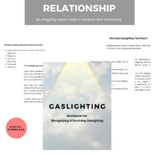 May include: A digital download workbook titled "Gaslighting: Workbook for Recognizing & Surviving Gaslighting". The cover features a white cloud with a yellow glow behind it. The text "Gaslighting" is in black and the text "Workbook for Recognizing & Surviving Gaslighting" is in a smaller font size.