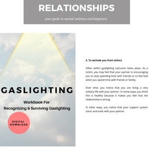 May include: A digital download workbook titled "Gaslighting: Workbook For Recognizing & Surviving Gaslighting". The cover features a white and yellow cloudy sky with a bright light shining through the clouds. The title is in black text with a pink digital download label.
