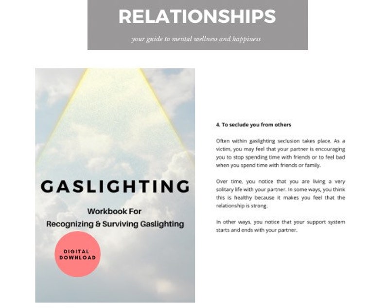 May include: A digital download workbook titled "Gaslighting: Workbook For Recognizing & Surviving Gaslighting". The cover features a white and yellow cloudy sky with a bright light shining through the clouds. The title is in black text with a pink digital download label.