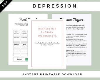 May include: Printable depression therapy worksheets with a pink and white design. The worksheets include sections for mood tracking and identifying triggers. The text "DEPRESSION THERAPY WORKSHEETS" is in a pink box.