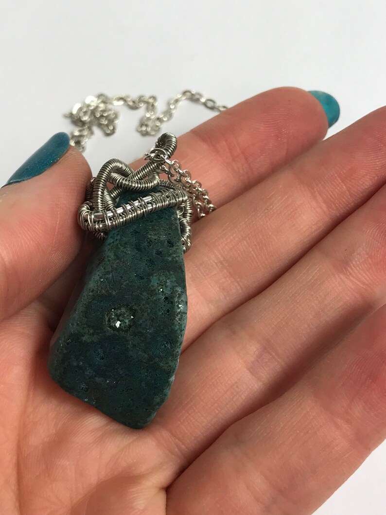 Green Agate crystal pendant wirewrapped