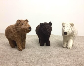 Canadian knitted bears, Black Bear from Quebec, Polar Bear from Manitoba and Grizzly Bear from British Columbia. Canadian handmade gifts