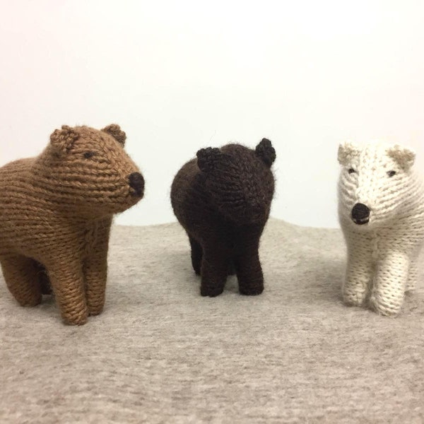 Canadian knitted bears, Black Bear from Quebec, Polar Bear from Manitoba and Grizzly Bear from British Columbia. Canadian handmade gifts