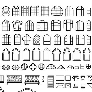 May include: A collection of black and white line drawings of architectural elements, including windows, doors, balconies, and roof details. The drawings are in a variety of styles, from traditional to modern.