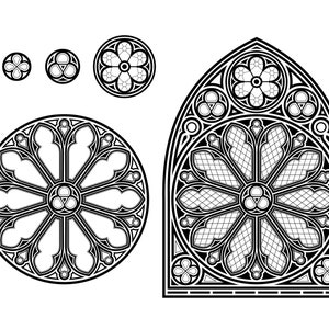 Puede incluir: Ilustración en blanco y negro de una ventana de vitral con un patrón geométrico. La ventana está dividida en secciones con un diseño circular central. La ventana está enmarcada por un borde decorativo.