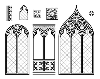 May include: Black and white line art of various Gothic architectural elements, including arched windows, decorative panels, and a repeating border design. The windows feature diamond-patterned panes and ornate tracery.