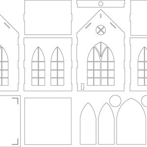 Puede incluir: Una plantilla imprimible para un proyecto de manualidades con forma de iglesia. La plantilla incluye la parte delantera, los lados y el techo de la iglesia, así como ventanas y otros detalles.