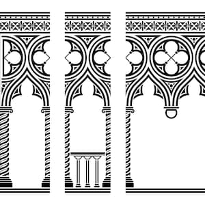 Puede incluir: Ilustración en blanco y negro de tres arcos góticos con detalles intrincados. Los arcos están sostenidos por columnas con un diseño retorcido. El arco central tiene un anillo decorativo en la parte superior.