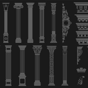 Puede incluir: Una colecci&oacute;n de elementos arquitect&oacute;nicos grises sobre un fondo oscuro, que presenta varios dise&ntilde;os de columnas con fustes estriados, retorcidos y estampados, junto con molduras decorativas, m&eacute;nsulas ornamentadas y peque&ntilde;os motivos florales.