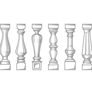 Puede incluir: Conjunto de seis dibujos en blanco y negro de diferentes diseños de balaustres. Cada balaustre es una columna decorativa con una parte superior e inferior redondeadas.