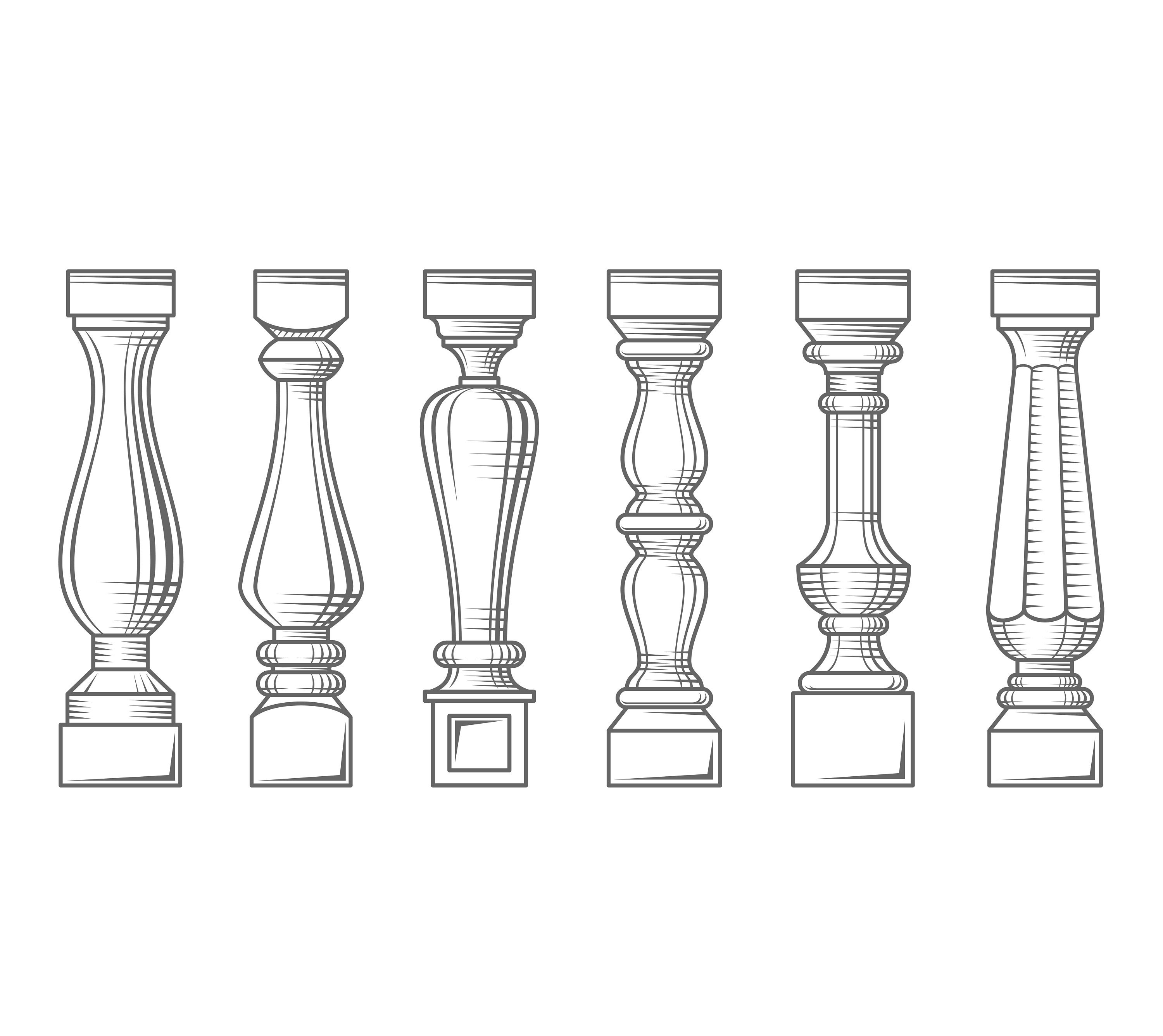 Set classic engraving column balusters, eps, svg, pdf, eps, png, templates, logo, architecture, contouring coloring vintage silhouettes