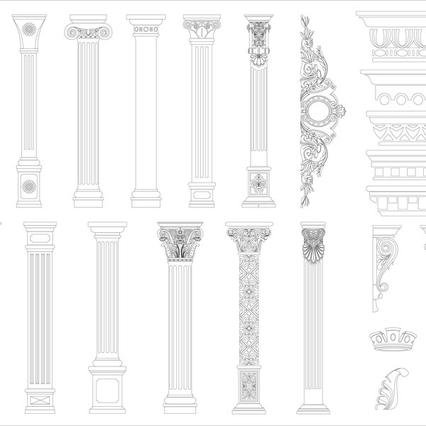 Establezca la columna clásica gótica, eps, svg, pdf, eps, png, plantillas, logotipo, arquitectura, contorno para colorear símbolos de siluetas vintage