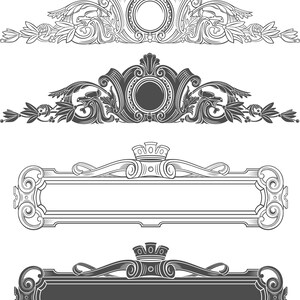 Puede incluir: Una colecci&oacute;n de cuatro elementos gr&aacute;ficos decorativos que incluyen dos adornos horizontales con marcos circulares centrales y dos marcos rectangulares rematados con coronas, representados en arte lineal en negro sobre blanco y blanco sobre negro.