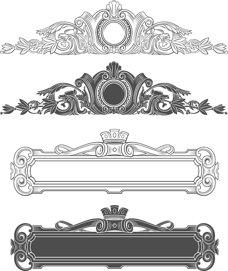 Puede incluir: Una colecci&oacute;n de cuatro elementos gr&aacute;ficos decorativos que incluyen dos adornos horizontales con marcos circulares centrales y dos marcos rectangulares rematados con coronas, representados en arte lineal en negro sobre blanco y blanco sobre negro.