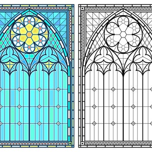 Puede incluir: Un diseño de vitral con un esquema de colores azul, amarillo y blanco. La ventana está dividida en secciones por líneas negras, creando un patrón geométrico. El diseño incluye una flor en el centro, rodeada de flores más pequeñas. La ventana está enmarcada por un borde decorativo.