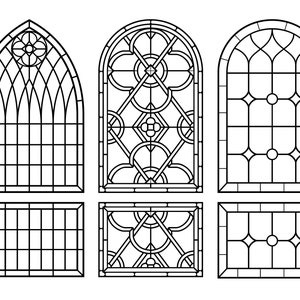 Puede incluir: Un conjunto de seis diseños de ventanas de vidrieras de colores en blanco y negro. Los diseños incluyen un arco apuntado, un arco redondo y una forma cuadrada. Cada diseño presenta un patrón geométrico diferente.