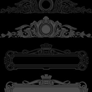 Puede incluir: Un conjunto de cuatro elementos gr&aacute;ficos decorativos sobre un fondo negro. Los dos elementos superiores presentan volutas ornamentadas, follaje y medallones circulares centrales. Los dos elementos inferiores son marcos rectangulares.
