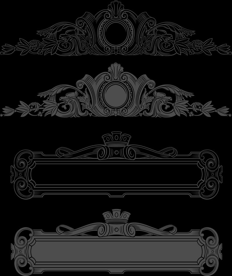 Puede incluir: Un conjunto de cuatro elementos gr&aacute;ficos decorativos sobre un fondo negro. Los dos elementos superiores presentan volutas ornamentadas, follaje y medallones circulares centrales. Los dos elementos inferiores son marcos rectangulares.