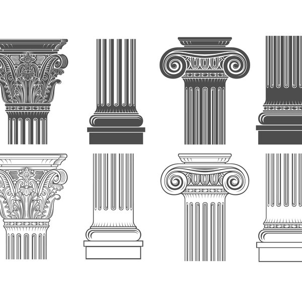 Imposta 8!!! elementi classici della colonna, capitello ionico corinzio eps, svg, pdf, eps, png, modelli, architettura, incisione da colorare contorno