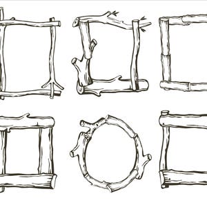 May include: Six different black and white illustrations of rustic wooden frames. The frames are made of branches and twigs and are perfect for adding a natural touch to any project.