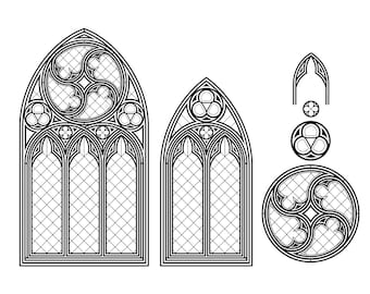 May include: A set of three black and white line drawings of gothic style arched windows. The windows are made up of a series of intersecting lines that create a geometric pattern. The windows are all different sizes and shapes.