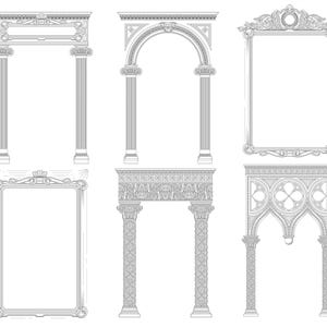 Op de afbeelding: Een verzameling van zes architecturale illustraties met diverse grijs-gelijnde ontwerpen van klassieke deuropeningen, boogingangen, versierde rechthoekige kaders en decoratieve zuilen met complexe patronen en gedetailleerde structurele elementen.