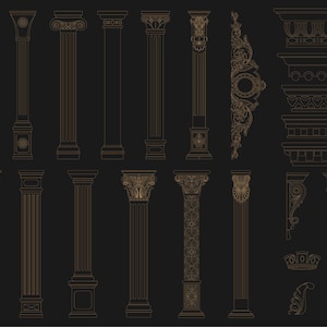 Puede incluir: Una colecci&oacute;n de elementos arquitect&oacute;nicos que presenta varios dise&ntilde;os de columnas, capiteles ornamentados, frisos decorativos y soportes en forma de voluta. Las ilustraciones est&aacute;n trazadas con l&iacute;neas finas sobre un fondo oscuro.