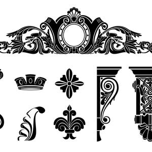 Puede incluir: Una colecci&oacute;n de ilustraciones vectoriales arquitect&oacute;nicas en blanco y negro que presenta un gran front&oacute;n ornamentado, varias m&eacute;nsulas decorativas, un elemento tipo corona, un motivo floral, un detalle en voluta y un s&iacute;mbolo de flor de lis estilizado.