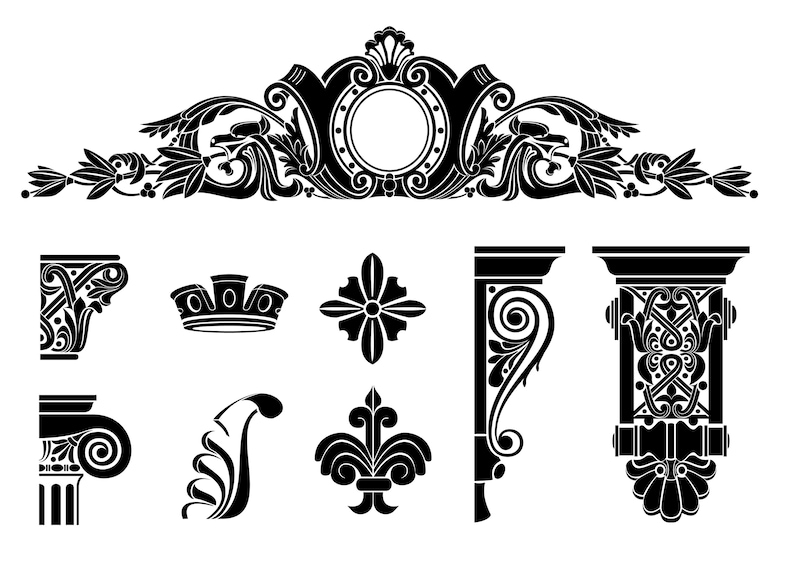 Puede incluir: Una colecci&oacute;n de ilustraciones vectoriales arquitect&oacute;nicas en blanco y negro que presenta un gran front&oacute;n ornamentado, varias m&eacute;nsulas decorativas, un elemento tipo corona, un motivo floral, un detalle en voluta y un s&iacute;mbolo de flor de lis estilizado.