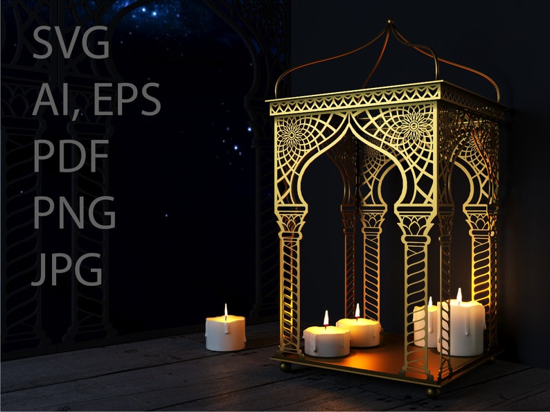 May include: A gold metal candle holder with intricate designs and four lit candles inside. The candle holder is on a dark wooden surface.