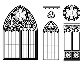 Modèles de jeux de fenêtres gothiques. Dossiers de la fenêtre de la cathédrale. Tous les formats ! pdf, png, eps, jpeg, dwg, svg. Vitrail.