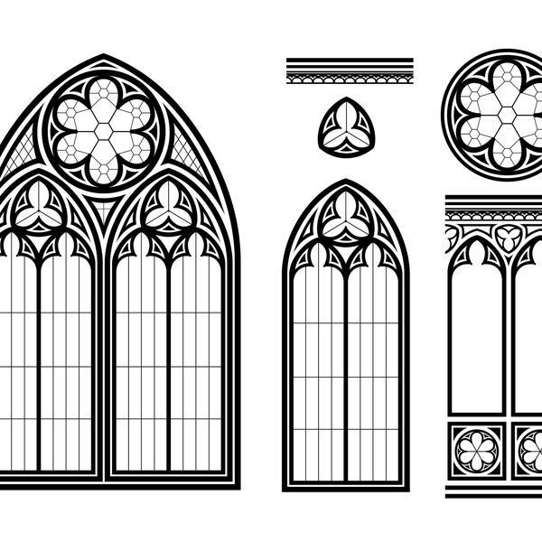 Gothic window set templates. Cathedral Window Files. All formats!  pdf, png, eps, jpeg, dwg, svg. Stained glass window.