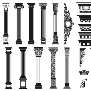 Puede incluir: Una colecci&oacute;n de elementos arquitect&oacute;nicos en blanco y negro que presenta varios dise&ntilde;os de columnas con fustes estriados, retorcidos y estampados, junto con molduras horizontales decorativas, m&eacute;nsulas ornamentadas y peque&ntilde;os motivos florales.