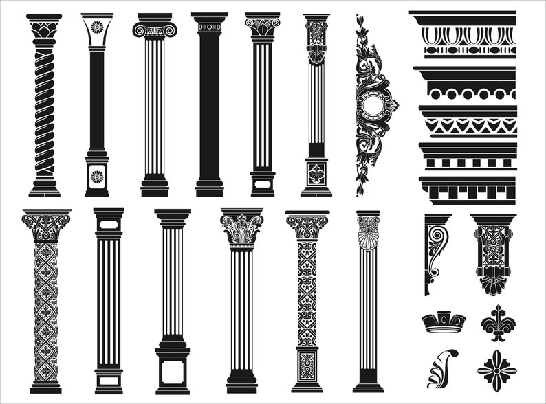 Puede incluir: Una colecci&oacute;n de elementos arquitect&oacute;nicos en blanco y negro que presenta varios dise&ntilde;os de columnas con fustes estriados, retorcidos y estampados, junto con molduras horizontales decorativas, m&eacute;nsulas ornamentadas y peque&ntilde;os motivos florales.