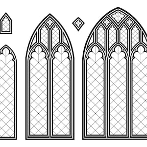May include: A set of four black and white stained glass windows with a geometric pattern. The windows are in different sizes and shapes.