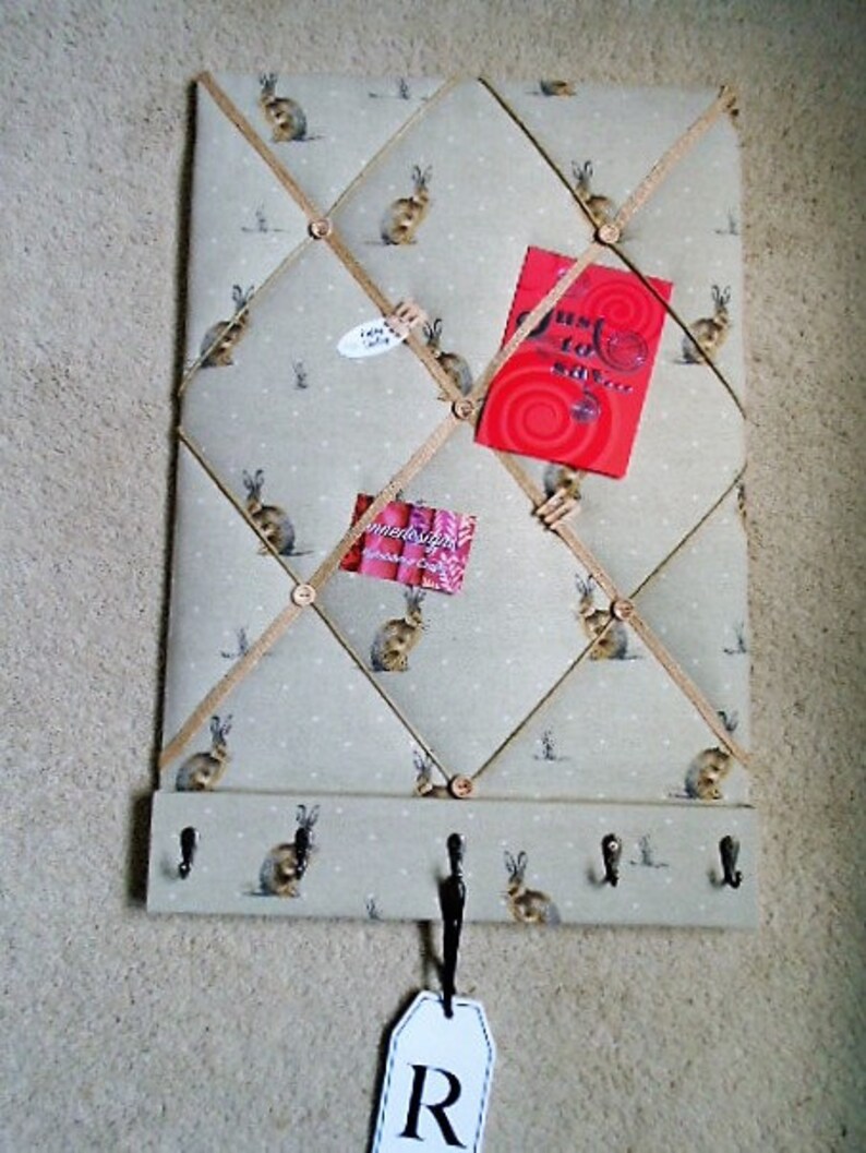 Key Hooks on Padded Notice Board 2 Design Options Forest Friends or Bunnies 60cm High 40cm Wide