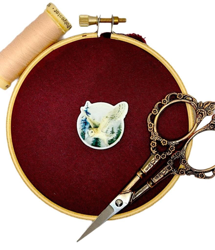 Barn owl needle minder, magnet, pin: peaceful bird flying, forest woodland, evergreen trees, nature,