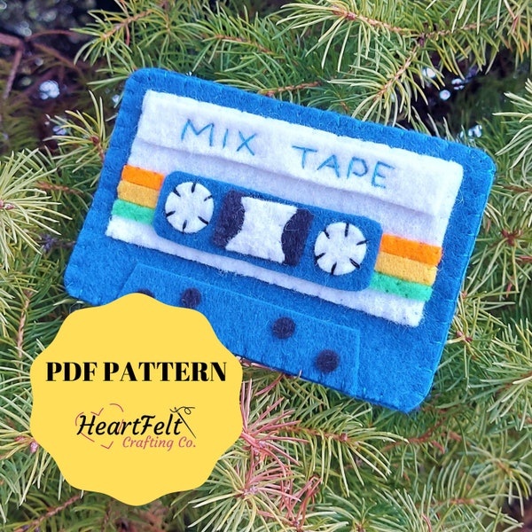 Retro Cassette Tape PDF Pattern, hand sewing template, tutorial: Mix Tape, make it yourself, pop art, christmas ornament, keychain, bag