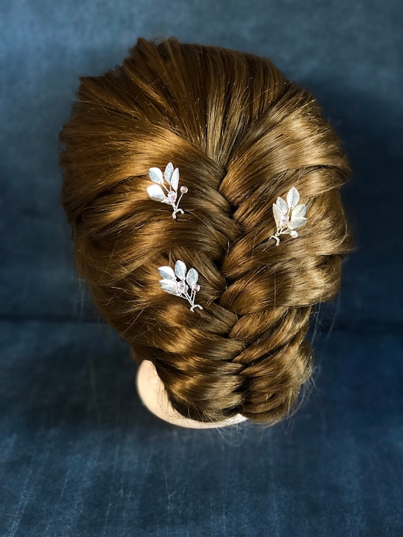 Silver Flower Leaf Hair Pins 1 Pink Hair Pins Floral Hair Pins Bridal Party Pin Wedding Pins Crystal Hairpiece Gift For Her