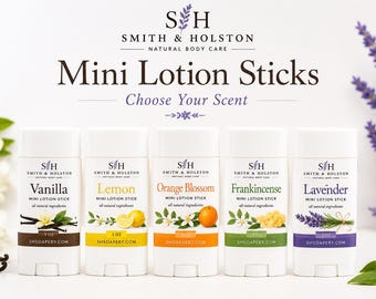May include: Five white cylindrical mini lotion sticks by Smith & Holston, each labeled with a scent: Vanilla, Lemon, Orange Blossom, Frankincense, and Lavender. Each 1 oz stick features botanical illustrations and the website shsoapery.com.