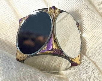 Handmade metallic mirror cube ornaments in gold leaf over plum purple dyed birchwood